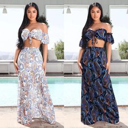 Work Dresses 2024 Summer Women's Breast Wrap Skirt Sexy Off Shoulder Print Dress