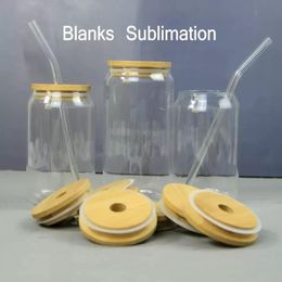 2022 Sublimation Glass Beer Mugs with Bamboo Lid Straw DIY Blanks Frosted Clear Can Shaped Tumblers Cups Heat Transfer 15oz Cockta280Q