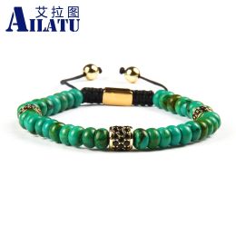 Bracelets Ailatu Wholesale 10pcs/lot Natural Green Flat Beads Macrame Bracelet with Black Cz Cylinder Beads for Men's Gift