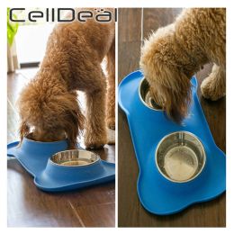 Feeders Silicone Dog Licking Tray Pet Puppy Cat Feed Stainless Steel Dish Bowl Food Feed Placement Anti Overflow Tableware free shipping