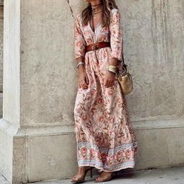 Casual Dresses Women Spring Summer Dress Bohemian Floral Print Long Sleeve V Neck Ankle Length Loose A-line Tight Waist Lady Maxi With Be