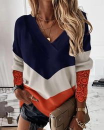 Women's T Shirts Women Pullovers Urban Style Colorblock Contrast Lace Long Sleep Top 2024 Spring Latest Casual Versatile V-Neck Daily