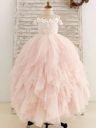 Girl Dresses Light Pink Flower Tulle Tiered White Appliques Sleeveless For Wedding Birthday Party Banquet Princess Gown