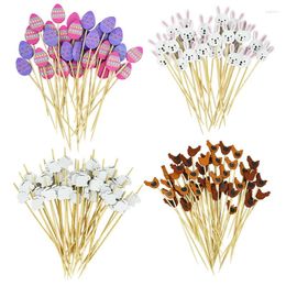 Forks 100PCS Happy Easter Bamboo Sticks Cartoon Egg Buffet Cupcake Fruit Fork 2024 Party Decoration Supplies Baby Shower