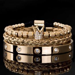 3pcs set Luxury Micro Pave CZ Crown Roman Royal Charm Men Bracelets Stainless Steel Crystals Bangles Couple Handmade Jewelry Gift242H