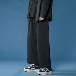 LEGIBLE Casual Pant Men Cotton Baggy Wide Leg Pants Ankle Length Elastic Waist Loose Straight Trousers Men 240122