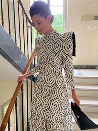 Casual Dresses Geometry Print Shoulder Pads Maxi Dress For Women Elegant Mock Neck Patchwork Long Sleeve Office Ladies Commuter Vestido
