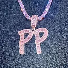 Hip Hop Custom Pink Baguette Letters Pendant Necklace Combination Letters Name Pendant 24inch Pink Tennis Necklaces Zirconia Jewel230p