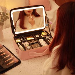 Mirrors 2022 New Smart LED Makeup bag With Mirror Large Capacity Professional Waterproof PU Leather Travel Cosmetic Case For Women