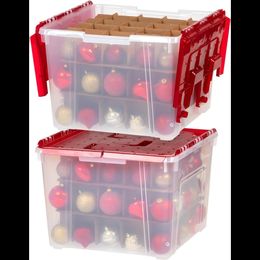 IRIS USA 60 Qt 2 Pack Ornament Storage Box with Hinged Lid and Dividers ClearRed 240125