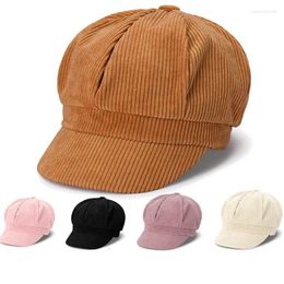 Berets Korean Version Of Solid Colour Corduroy Hat Female Tide Cap Autumn And Winter Art Painter British Retro Octagon