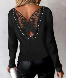 Women's Blouses Top Women 2024 V Neck Lace Patchwork Long Sleeves Straight Butterfly Embroidery Beaded Ribbed Sweatshirt Blouse