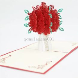 Rose Pop-up Engraving Card 3D Creative Greeting Cards Romantic Red Flower Handmade Card Valentines Day Gift Card Customized