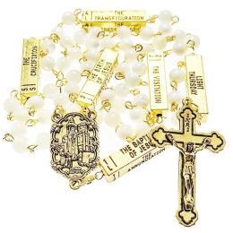 Necklaces fancy sea shell Mother of Pearl Rosary fatima Centre with antique gold metals five mysteries bar religious necklace