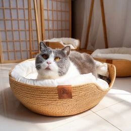 Carrier Pet Bed Cat Mat Kennel Dog Beds Sofa Bamboo Weaving Four Season Cozy Nest Baskets Waterproof Removable Cushion Sleeping Bag