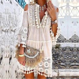 Party Dresses Women's Shift Dress Short 3/4 Length Sleeve Tassel Fringe Lace Cold Shoulder Summer Deep V Casual Boho Vacation