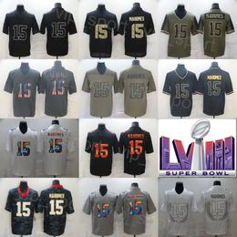 Super Bowls 2024 Maglie da calcio 15 Patrick Mahomes Uniforme Oliva Saluto al servizio Camo Dea Canapa Grigio Sillabazione Arcobaleno Ombra Leopardo Grano Ricamo