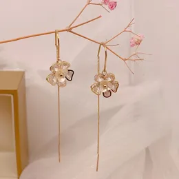 Stud Earrings 1 Pair Light Luxury Shell Zircon Flower Ear Line Delicate Shimmer Floret Senior Sense Drop Niche Design