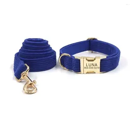 Dog Collars Personalised Collar Custom Pet Free Engraving ID Name Accessory Dark Blue Corduroy Fibre Puppy Leash