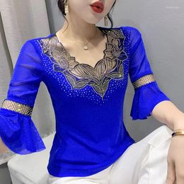 Women's T Shirts Korean Summer Fashion Chic Flare Sleeved Sexy Hollow Out Elegant Diamond Tops Elasticity Mesh Blusas