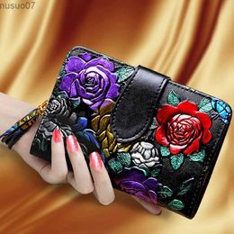 Evening Bags Floral Short Purse Women 2024 New Mini Ladies Cow Leather Wallet Small Card Holder Cowhide Wallets Vintage Female Coin Bag