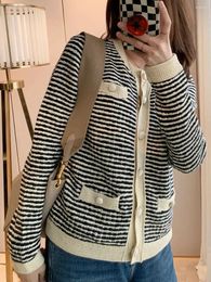 Women's Knits Cardigan 2024 Patchwork Trim Crochet Striped Round-Neck Single Breasted Slim Vintage Long Sleeve Knitted Sweater