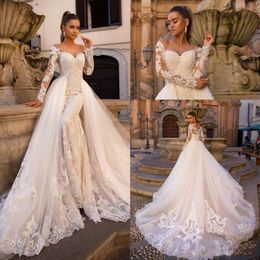 2021 Sexy Champagne Mermaid Wedding Dresses Sweetheart Off Shoulder Illusion Neck Lace Appliques Tulle Detachable Train Overskirts290Z