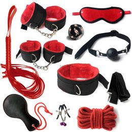 Adult Toys BDSM Bondage Set Sexy Plush Handcuffs Leather Whip Mouth Ball Gag Nipple Clamps Kits Sex Toys For Couples Two Exotic Accessories