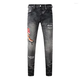 Men's Jeans Street Fashion Men Retro Black Gray Stretch Skinny Fit Brand Tiger Patched Designer Hip Hop Punk Pants Hombre