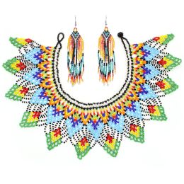 Charm African Ethnic Tribal Colorful Beaded Bib Choker Necklace Earrings Set for Women Bride Bohemian Indian Collares Shawl Jewelry