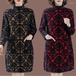 Casual Dresses Folk Vintage Printed Midi Dress Women's Clothing Half High Collar Autumn Winter Thick Long Sleeve Pockets Knitted