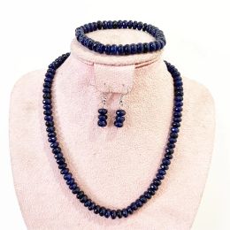 Sets Faceted 5*8MM Blue Sapphire Natural Stone Jewelry Sets Bead Necklace Earrings Bracelet Chain Choker Simple Design Party Boho