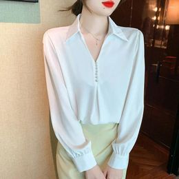 Women's Blouses Fashion Beading Satin Blouse Women Elegant V Neck White Shirts Turn Down Collar Female Clothing Office Tops 29873
