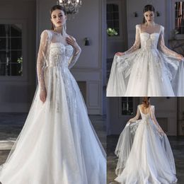 Vintage A Line Women Wedding Dress Sweetheart Long Sleeves Bridal Gowns Sequins Appliques Covered Button Sweep Train Dress Custom Made vestidos de novia