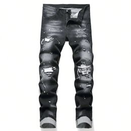 Men Cracked Blue Pleated Patch Biker Jeans Streetwear Holes Ripped Distressed Patchwork Stretch Denim Pants Slim Skinny Trousers 240124