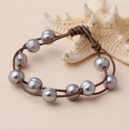 Bracelets Large Hole Pearl On Leather Bracelet Double Strands 1011mm Pearl Leather Bracelet , White Pink Gray Freshwater Pearl Jewelry.