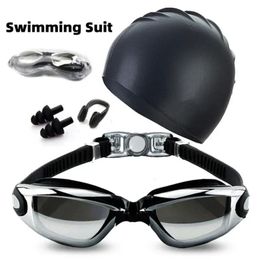 Adult Swimming Suit HD Anti-fog Swimming Goggles Set Waterproof Silicone Nose Clip Earplugs Swimming Goggles Set and cap Men 240119