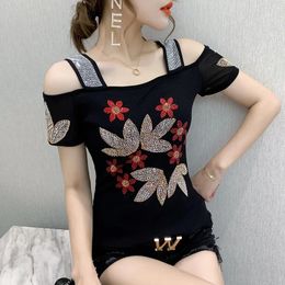 Women's T Shirts Runway Summer Chic Korean Clothes Flower T-Shirt Sexy Hollow Out Diamonds Cotton Women Tops Short Sleeve Off Shoulder Tees