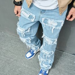 Autumn Stylish Men Ripped Patch Spliced Hip Hop Jeans Streetwear Loose Male Straight Denim Pants Trousers 240125