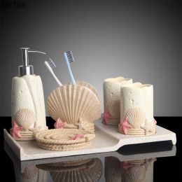 Sets Summer Style Resin Bathroom Accessories 5 Pcs/set Portable Soap Dispenser Beach Shells Lotion Bottle Toothbrush Holder Soap Dish