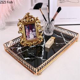 Square Trays Decorative Storage Marble Agate Texture Tempered Glass Mirror Skincare Jewellery Plate Coffee Table Bathroom Tray213Q