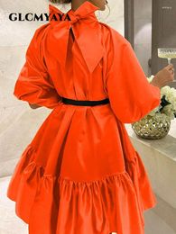 Party Dresses GLCMYAYA Women Ruffles Hem Big Swing Stand Collar Bowknot Lantern Half Sleeve Satin Dress Vestidos 2024