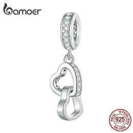 Bracelets Bamoer Sterling Sier Double Hearts Interlock Pendant Charms Infinite Love Hanging Bead for Women Necklace and Bracelet Diy