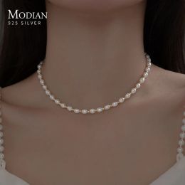 Necklaces MODIAN Real 925 Sterling Silver Natural Freshwater Pearl Charm Necklace Choker Short Chain Necklace Jewellery Wedding Accessories