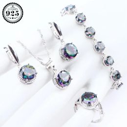 Necklace Magic Rainbow Stones 925 Sterling Silver Jewelry Sets Zirconia Earrings Rings For Women Bracelets Pendant Necklace Set Gift Box