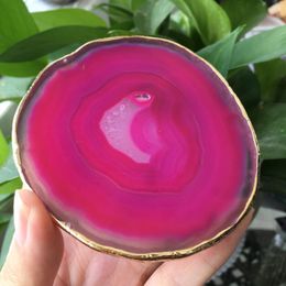 Decorative Figurines 1pcs Natural Agate Geode Piece Insulated Coasters Crystal Board Jade With Gold-plated Lace Mineral Trim