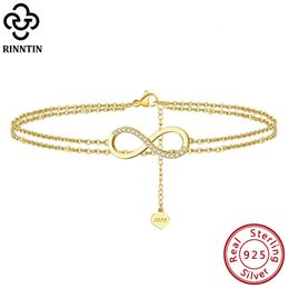 Rinntin 925 Sterling Silver Unique Layered Infinity Satellite Anklets for Women 14K Gold Foot Bracelet Ankle Straps Jewelry SA16 240118