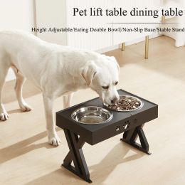 Feeders Large Dog Food Double Bowl Anti Overturning High Foot Drinking Water Pet Stainless Steel Bowl Supplies Elevating Dining Table