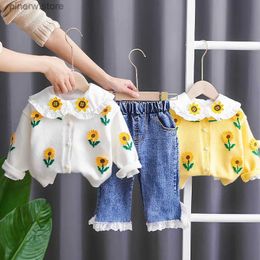 Clothing Sets Spring and Autumn Baby Zou Ju Doll Collar Set 0-5 Year Old Girl's Knitted Jacket Jeans Two Piece Simple Casual Sportswear