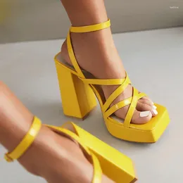 Sandals Big Size 34-44 Sexy Yellow Fuschia Colour Open Toe Block High Heeled Women Shoes Summer Luxury Party Dress Platform Heels